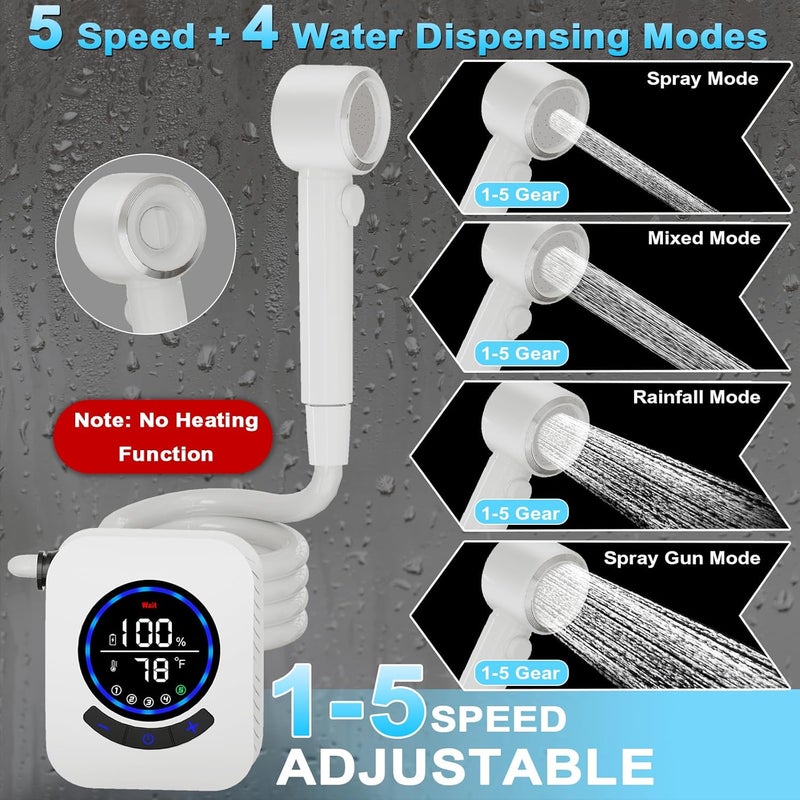 AYWOHA Portable Shower for Camping, 8000mAh Rechargeable Camping Shower Pump with 3X Stronger Water Flow, 5 Pressure Levels & 4 Shower Modes Outdoor Shower with Intelligent LED Display for Hiking Travel Pet - Image 3
